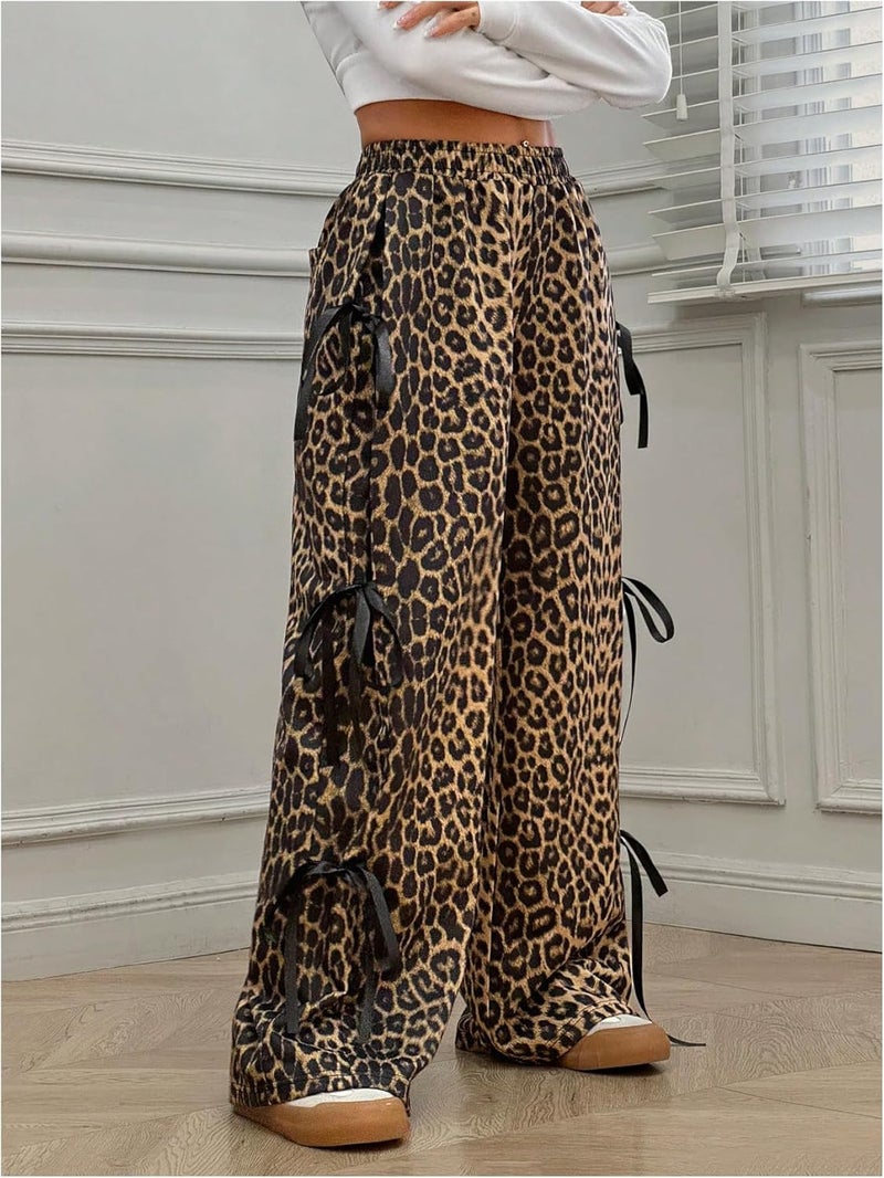 WDIRARA Girl's Leopard Print Bowknot Wide Leg Pants Y2k Elastic Waist Baggy Pants - Image 5